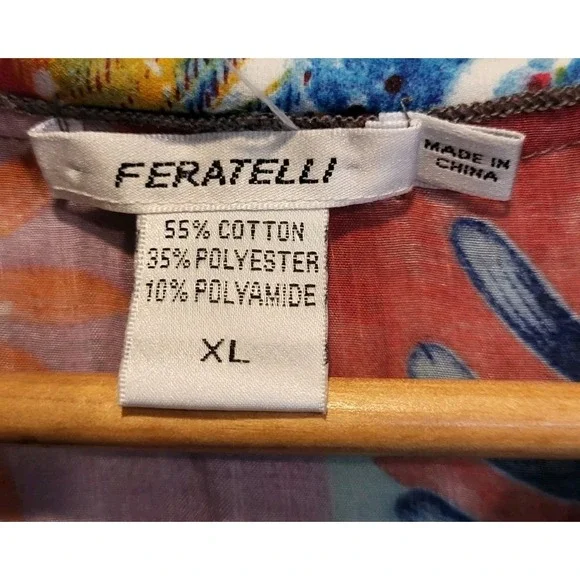 Feratelli Colorful Floral Artsy Semi Sheer Asymmetrical Button Up Tunic Top XL - Picture 6 of 7